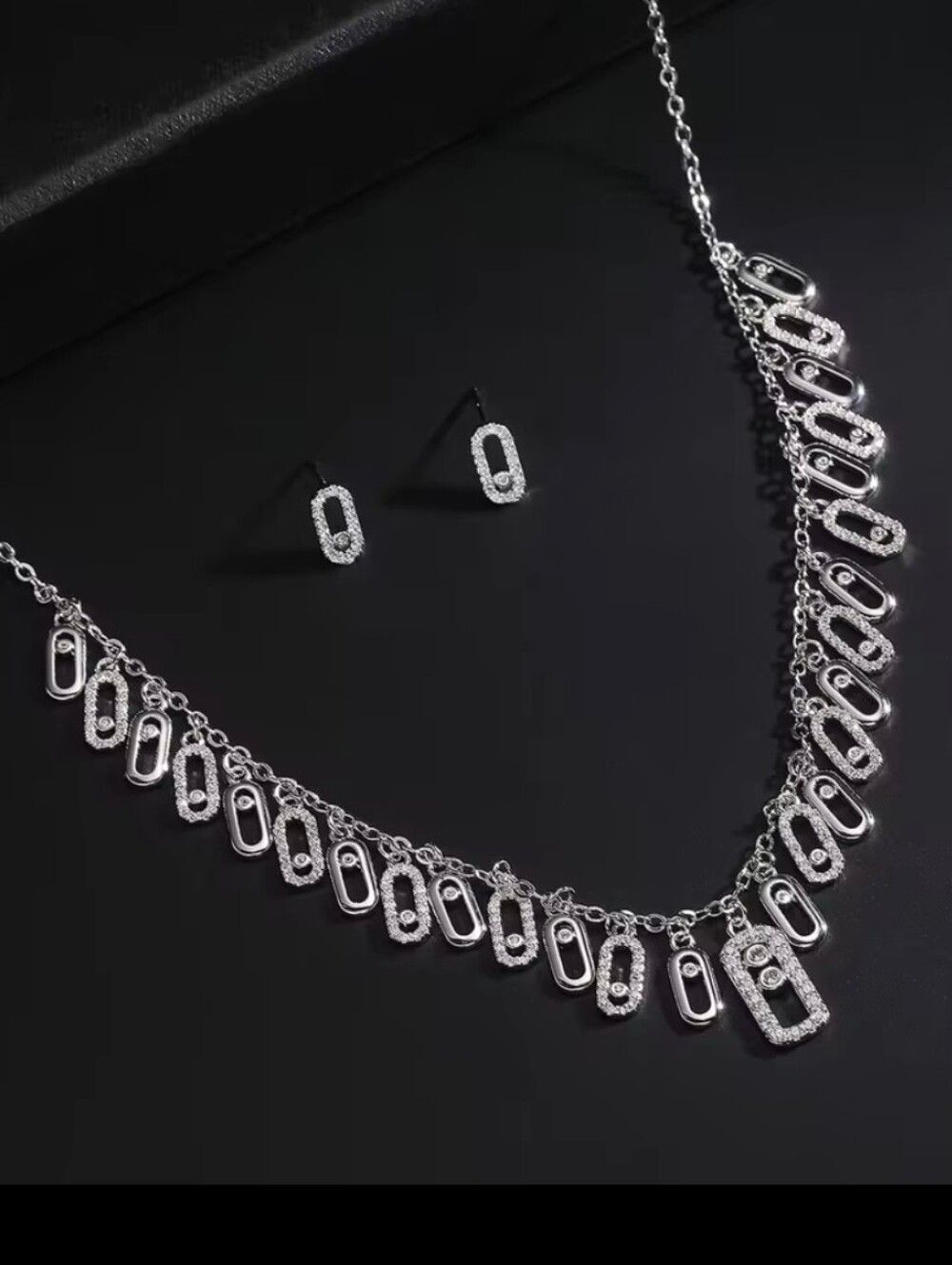 14K White Gold Geometrical Link Paperclip Diamond Necklace & Earring Set